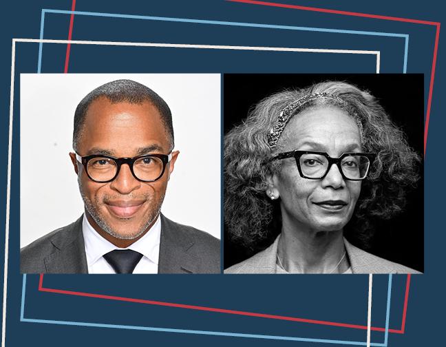 Jonathan Capehart and Robin Givhan headshots on blue background with red, white, and blue rectangles